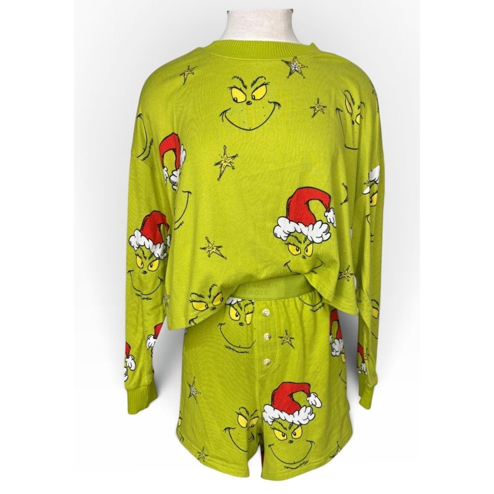 American Eagle Grinch Christmas Pajama Set Green Long Sleeve Shorts Holiday PJs